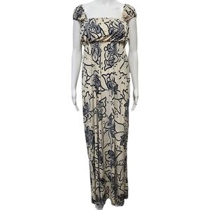 Loila Y2K Cream & Navy Floral Milkmaid Jersey Knit Maxi Dress Size Small